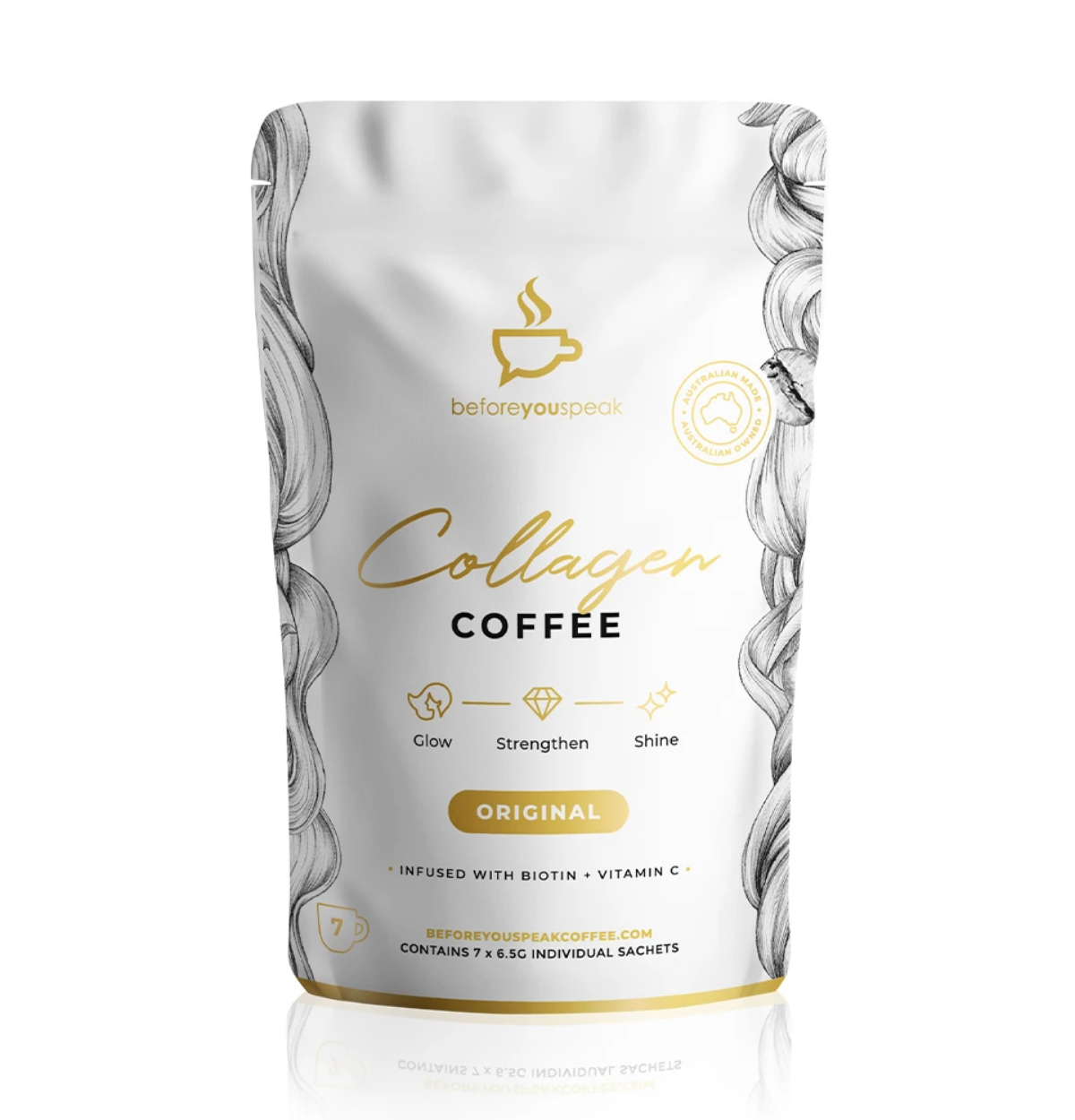 Image of Before you Speak Collagen Coffee - Original - 7 Serves RIGINAL BIOTIN VITAMIN * 5G INDIVIDUAL SACHETS 
